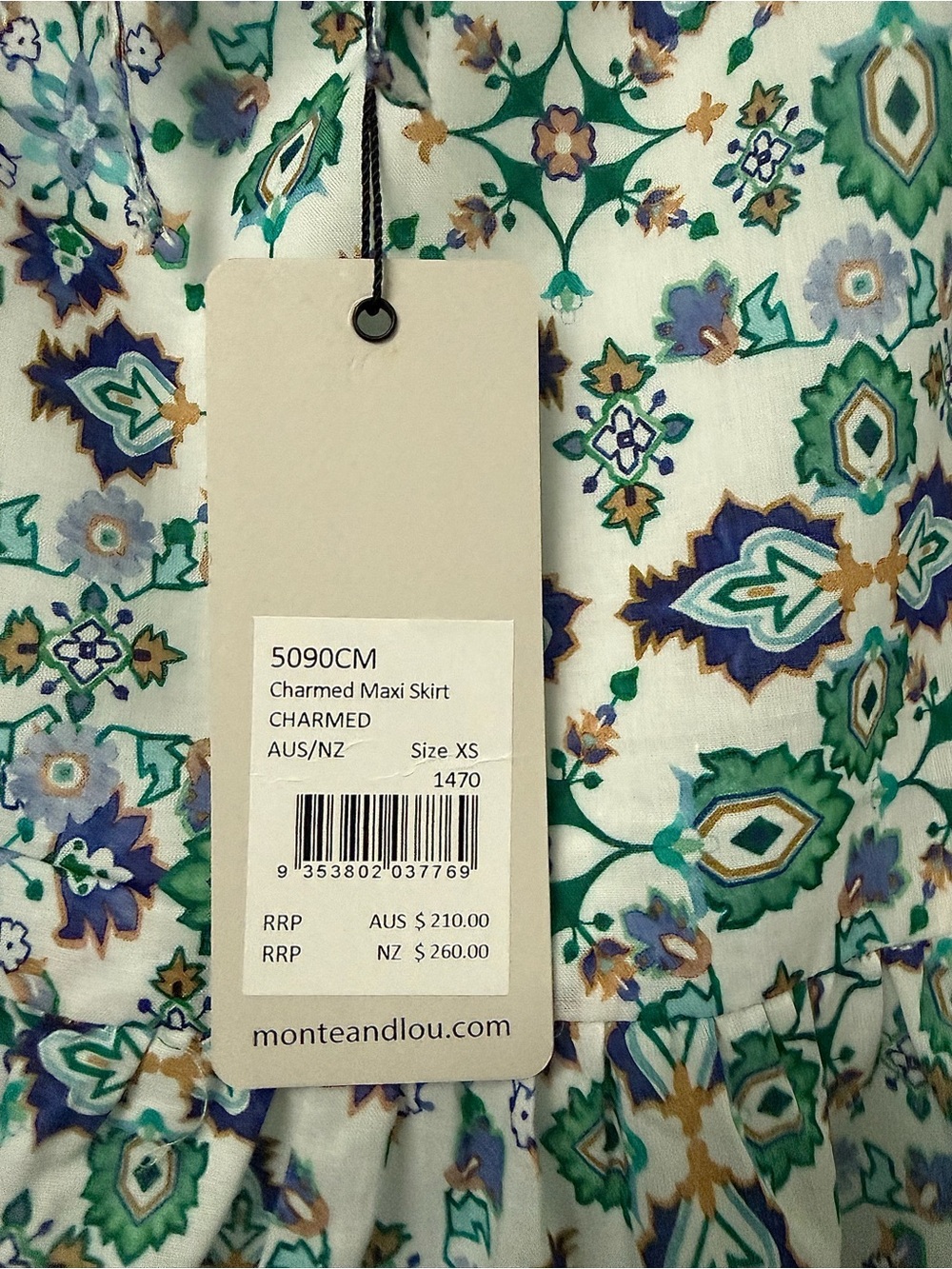 NWT Monte & Lou Maxi Skirt with Green & Blue Floral Medallion Print 100% cotton - Picture 6 of 6